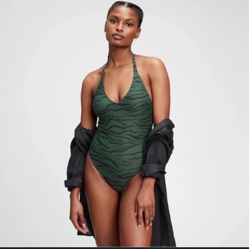 NWT GAP Green Zebra print Back Tie One Piece Swimsuit